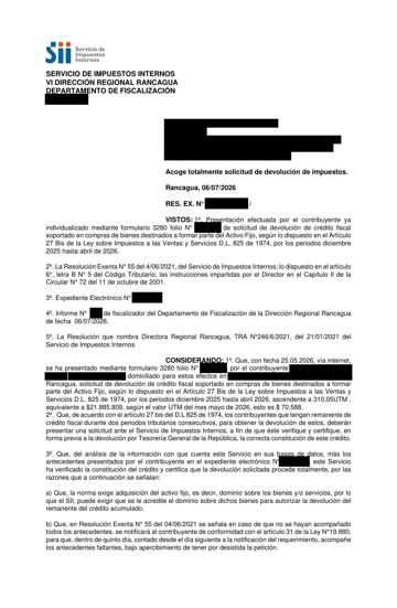 Resolución del SII que acoge la devolución, página 1