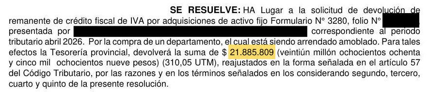 El SII resuelve devolver la suma de 21.885.809 pesos